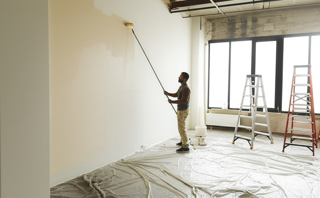 Professional painter applying paint to commercial interior